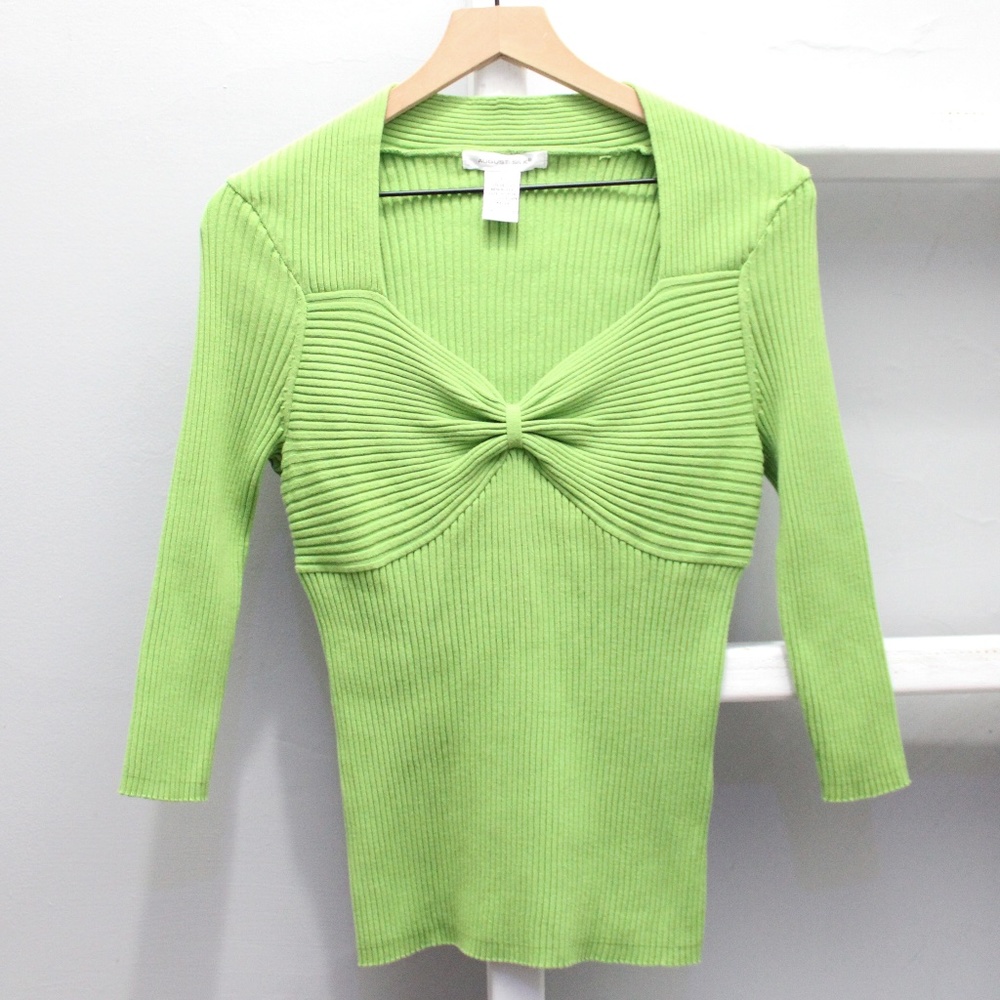 Vintage August Silk Lime Green Front Twist Sweetheart Neckline Ribbed Top